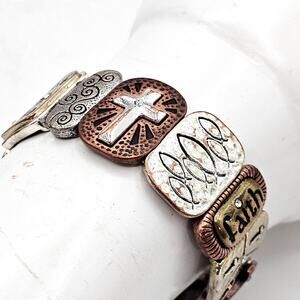 Faith Mixed Metal Stretch Bracelet Christian Cross Engraved Inspirational